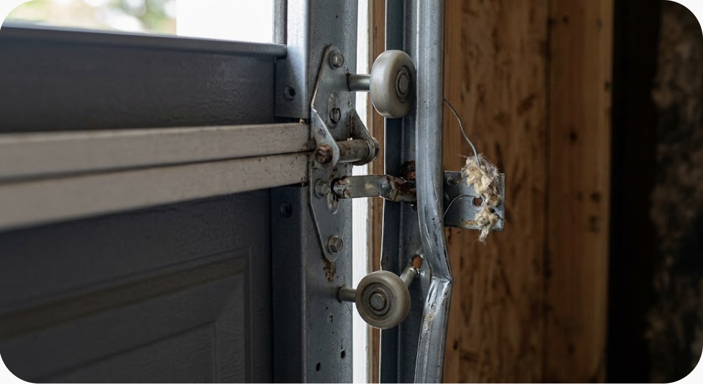 Garage door panel derailed and hanging crooked, off its track