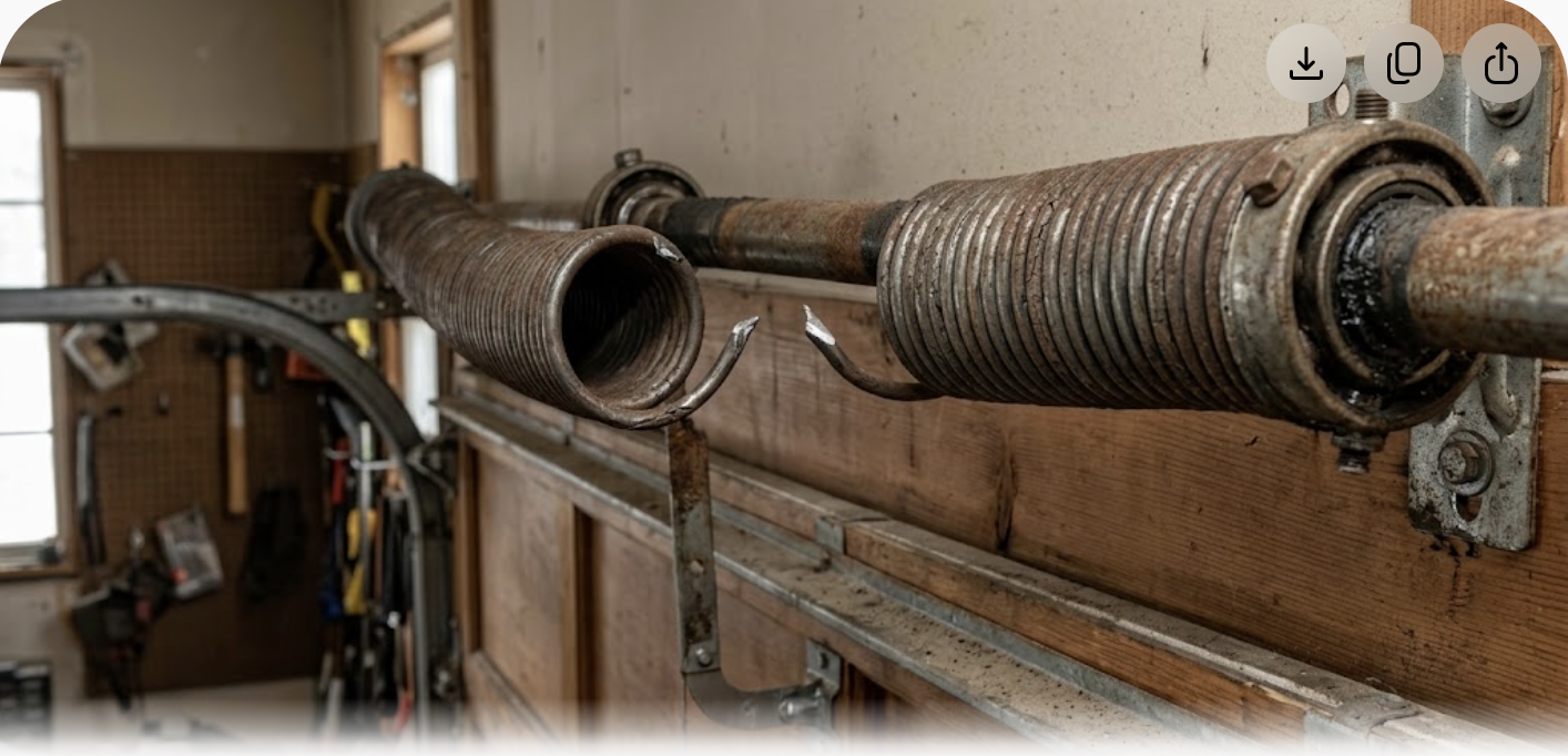 Close-up of a broken residential garage door torsion spring, snapped and separated