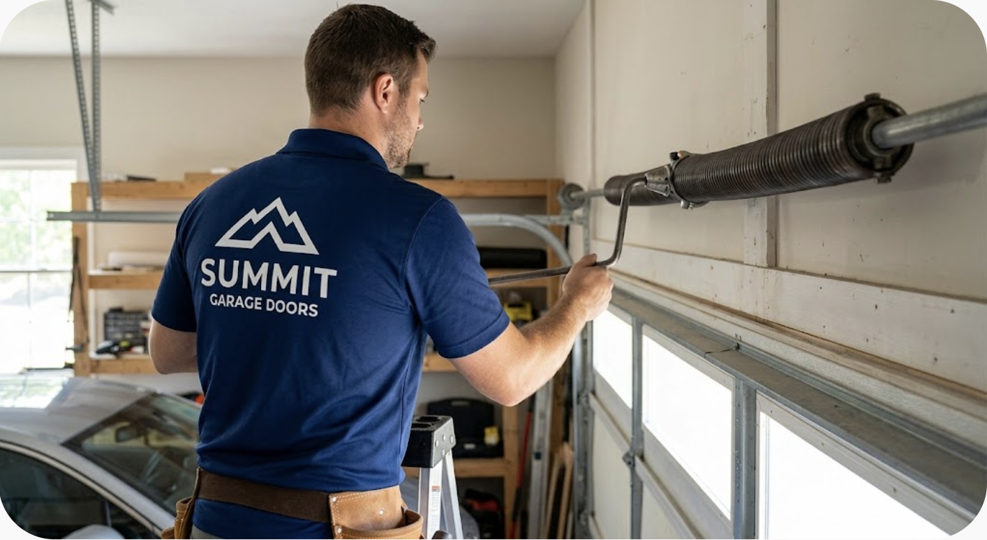 Summit Garage Doors technician in a branded uniform winding a torsion spring with a winding bar